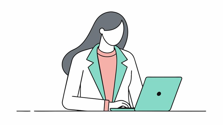 Vector una mujer se sienta en una mesa con una computadora portátil y una mujer trabajando en su computadora portable
