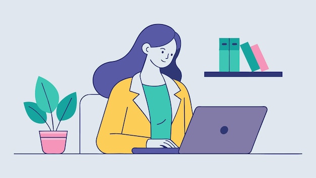 una mujer se sienta en una mesa con una computadora portátil y una planta en el fondo
