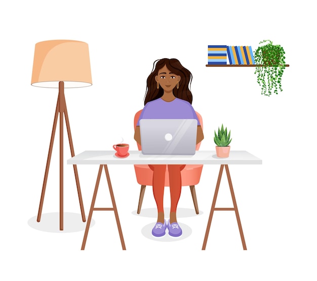 La mujer se sienta en una mesa trabaja en casa en una computadora Trabajo remoto en casa independiente