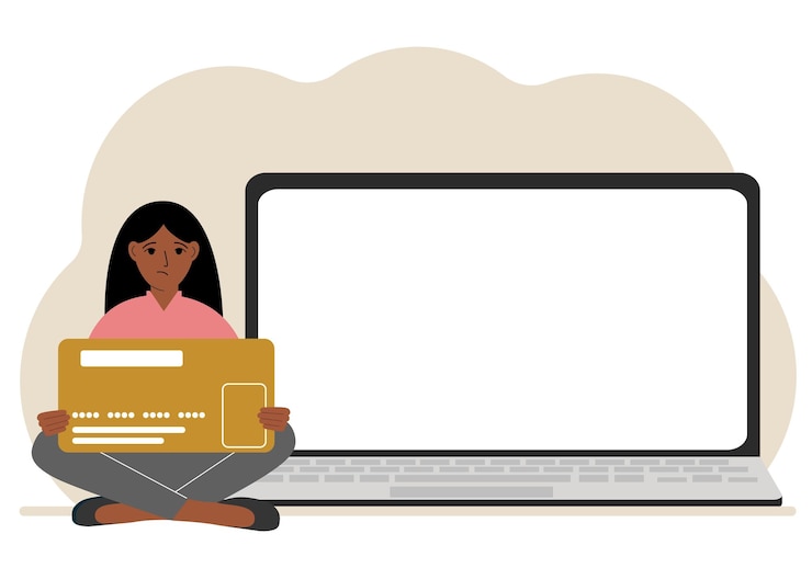 Vector una mujer se sienta con las piernas cruzadas y sostiene una tarjeta de plástico grande junto a la mujer hay una computadora portátil grande con espacio para texto