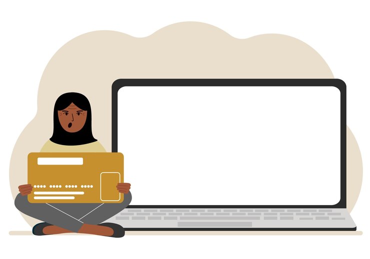 Vector una mujer se sienta con las piernas cruzadas y sostiene una tarjeta de plástico grande junto a la mujer hay una computadora portátil grande con espacio para texto