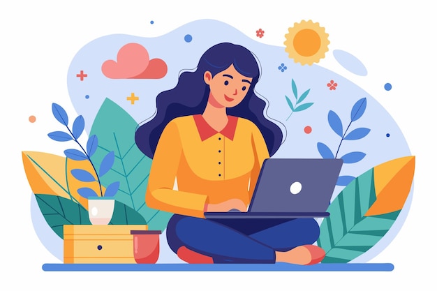 Una mujer se sienta con las piernas cruzadas en el suelo centrada en su portátil en medio de plantas vibrantes y decoración Mujer usando una ilustración plana de portátil