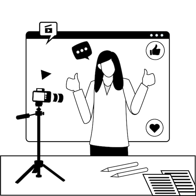Una mujer se sienta en una plataforma con un micrófono y dibuja ilustraciones en blanco y negro
