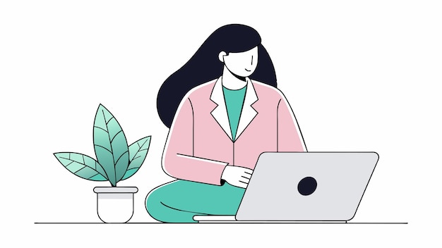 una mujer se sienta en una repisa con una computadora portátil y una planta en la esquina