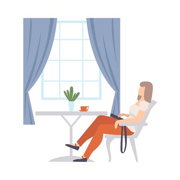 Una mujer se sienta en una silla en una mesa en una cafetería Ilustración vectorial
