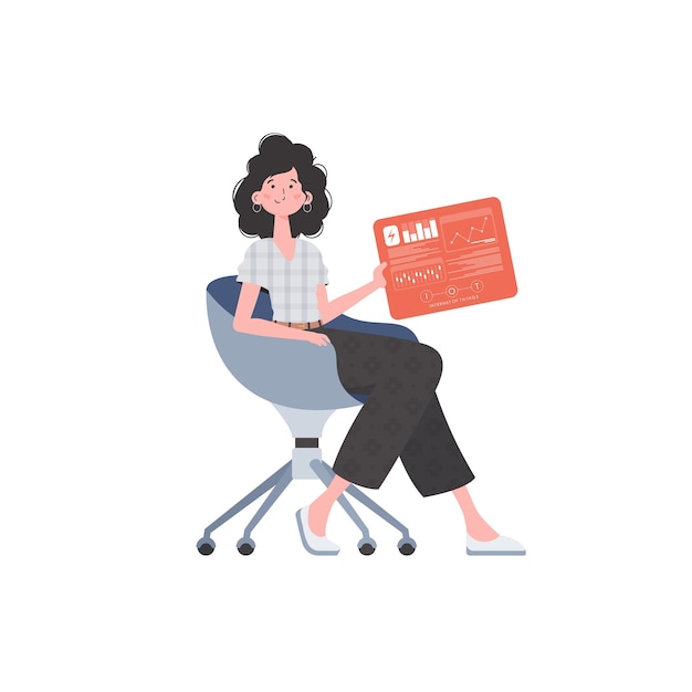Una mujer se sienta en una silla y sostiene un panel con analizadores e indicadores en sus manos Concepto IoT Ilustración vectorial aislada
