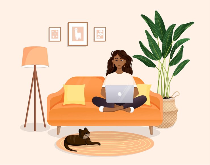 Vector la mujer se sienta en el sofá en una habitación con una computadora portátil con su gato