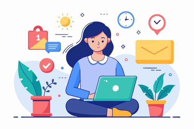 Una mujer se sienta en el suelo centrada en su computadora portátil frente a su mujer con el tiempo de la computadora portable y las notificaciones de tendencia Ilustración vectorial plana simple y minimalista