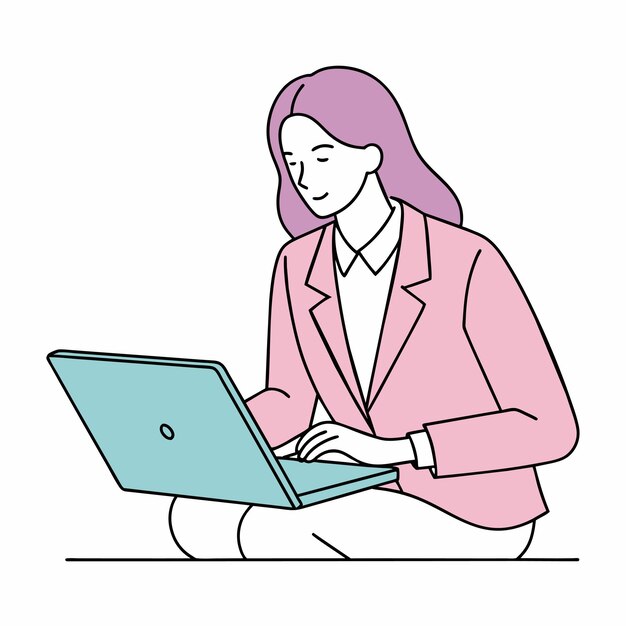 una mujer se sienta en el suelo con una computadora portátil y la palabra en ella