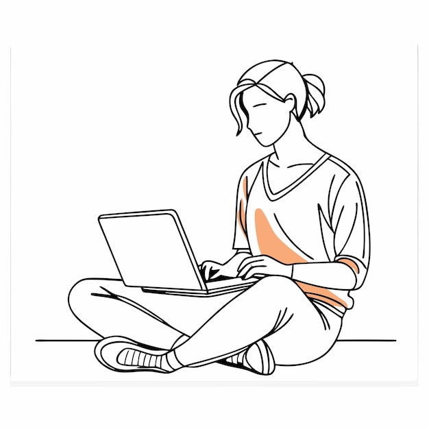 una mujer se sienta en el suelo con una computadora portátil y la palabra que está trabajando en ella