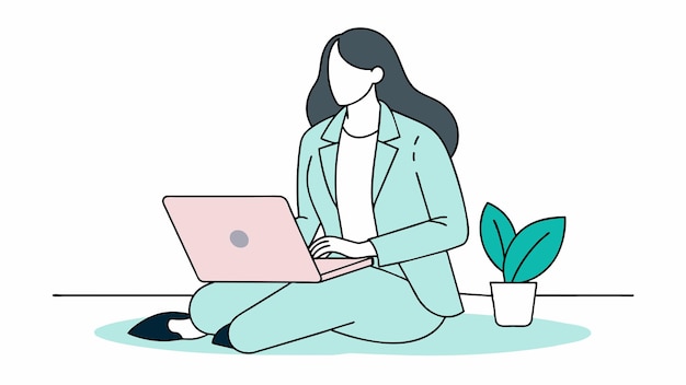 una mujer se sienta en el suelo con una computadora portátil y una planta en el fondo