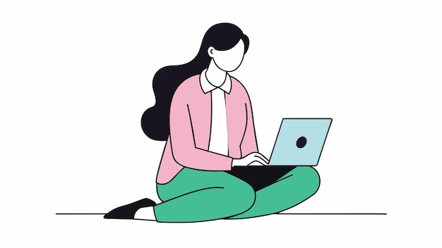 una mujer se sienta en el suelo con una computadora portátil y tiene una computadora portable en su regazo