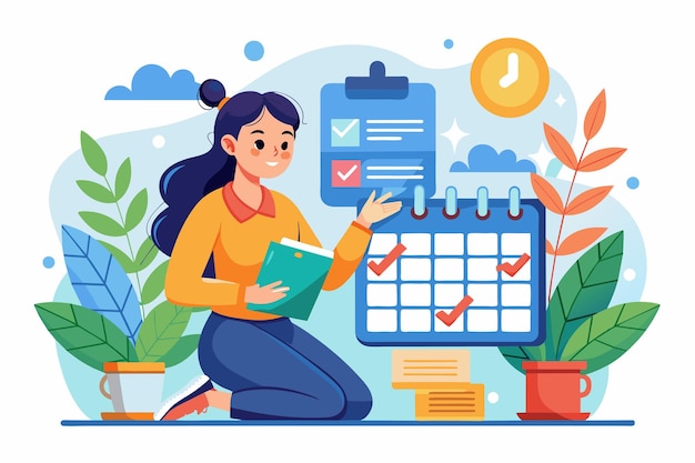 Una mujer se sienta en el suelo usando un calendario y un cuaderno para planificar su horario en medio de la vegetación y los suministros de oficina Una mujer usando el calendario para planear su horario Ilustración plana
