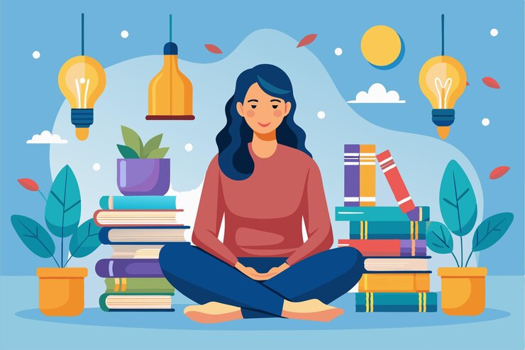 Vector la mujer se sienta tranquilamente en el suelo con libros y plantas a su alrededor encarnando un ambiente de aprendizaje sereno mujer sentada contra el fondo de libros de conocimiento y bombillas