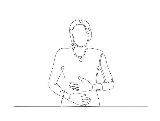 La mujer siente dolor en el estómago dibujo de una sola línea de arte ilustración vectorial