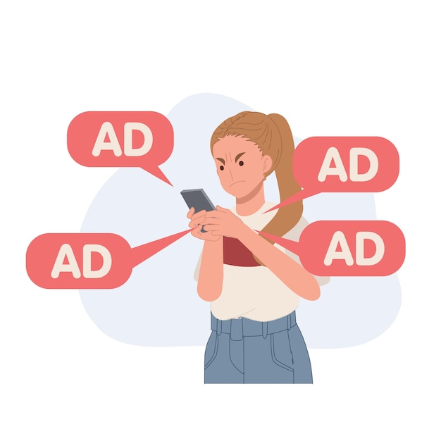 Vector la mujer se siente enojada y molesta con las notificaciones de anuncios de la aplicación de teléfono inteligente, publicidad en internet, spam, ilustración vectorial