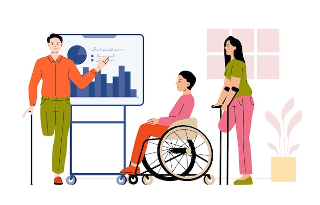 Mujer en silla de ruedas trabajando en su escritorio en casa con una computadora portátil Profesional independiente estilo de vida moderno inclusivo Accesibilidad tema de empoderamiento de la discapacidad Ilustración vectorial plana