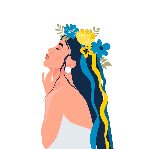 Mujer en símbolos ucranianos arte ucrania concepto de apoyo sin apoyo de guerra para ucrania vector illustratio