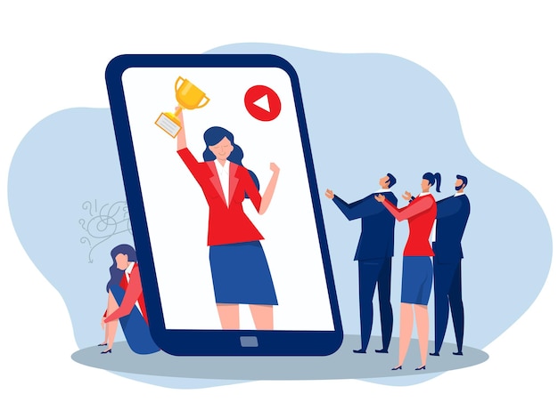 La mujer del síndrome del impostor de pie en el síndrome del impostor número uno recibe una recompensa en las redes sociales con Ansiedad y falta de confianza en sí mismo en el trabajo, la persona finge es otra ilustradora vectorial conceptual