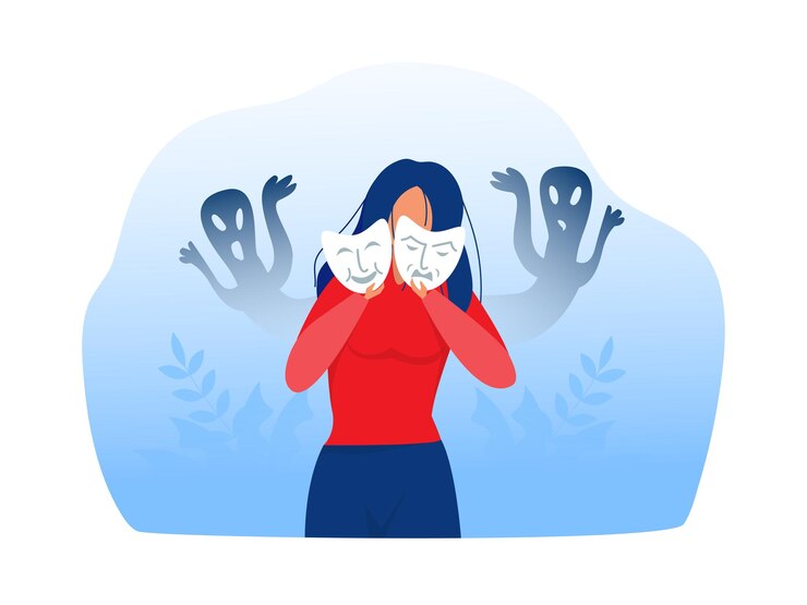 Vector mujer con síndrome del impostor probándose máscaras de carnaval con expresiones felices o tristes