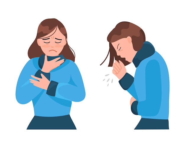 Una mujer con síntomas de una enfermedad viral o alérgica Dolor de garganta y tos intensa