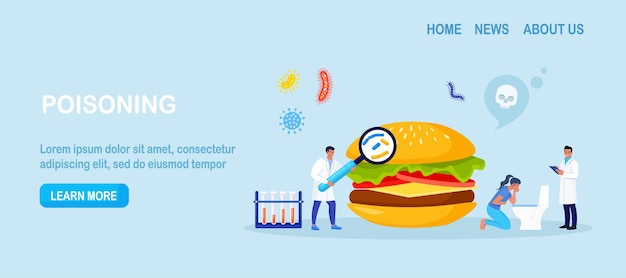 Mujer con síntomas de intoxicación alimentaria sostiene un estómago enfermo náuseas intoxicación inspector haciendo control de calidad de comida rápida intoxicación alimenticia hamburguesa de mala calidad microorganismos patógenos