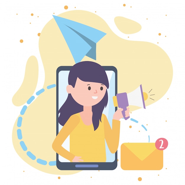 Mujer smartphone anuncia publicidad con tecnologías y comunicaciones de redes sociales de correo electrónico de megáfono