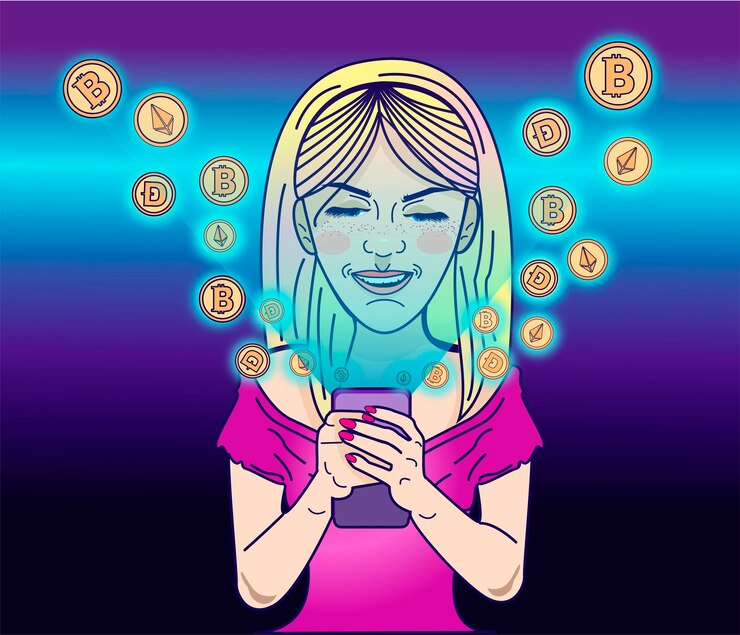 Vector mujer con smartphone y dinero electrónico. tecnologías de banca en línea. valet electrónico, pago electrónico, aplicación de internet.