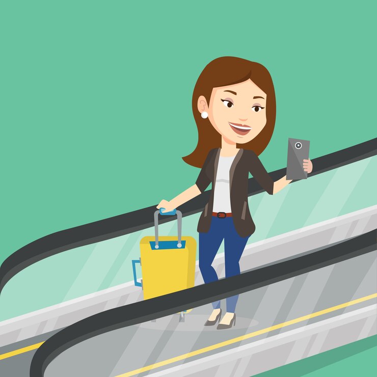 Vector mujer con smartphone en escaleras mecánicas en el aeropuerto.