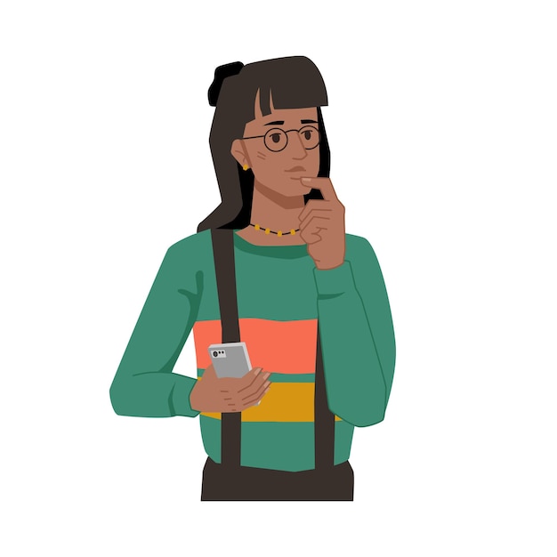 Vector mujer con smartphone en manos cara pensativa