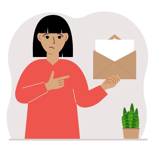 Una mujer con un sobre abierto con una carta Hoja de papel vacía para plantilla de texto Concepto de correo Envío de una invitación de notificación de mensaje