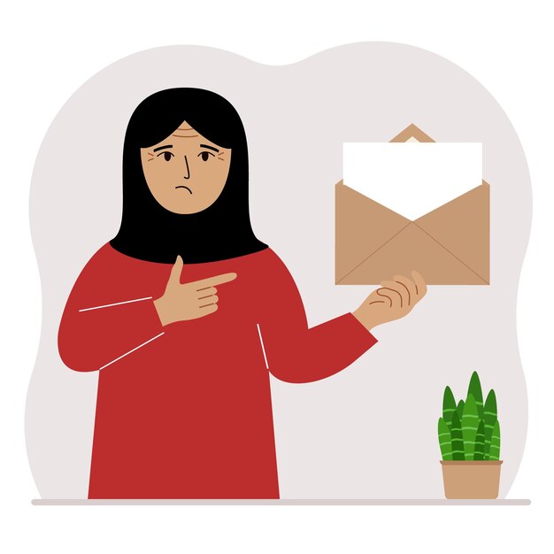 Una mujer con un sobre abierto con una carta Hoja de papel vacía para plantilla de texto Concepto de correo Envío de una invitación de notificación de mensaje