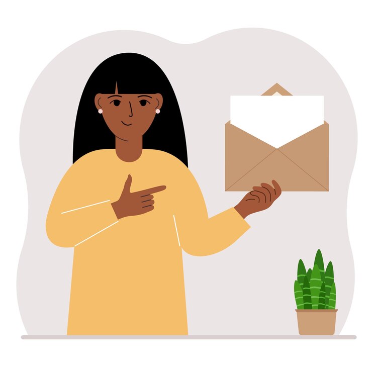 Vector una mujer con un sobre abierto con una carta hoja de papel vacía para plantilla de texto concepto de correo envío de una invitación de notificación de mensaje