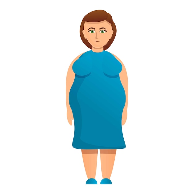 Mujer con sobrepeso en icono de vestido azul Caricatura de mujer con sobrepeso en icono de vector de vestido azul para diseño web aislado sobre fondo blanco