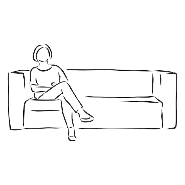 Mujer en el sofá, muebles cómodos, ilustración de dibujo vectorial