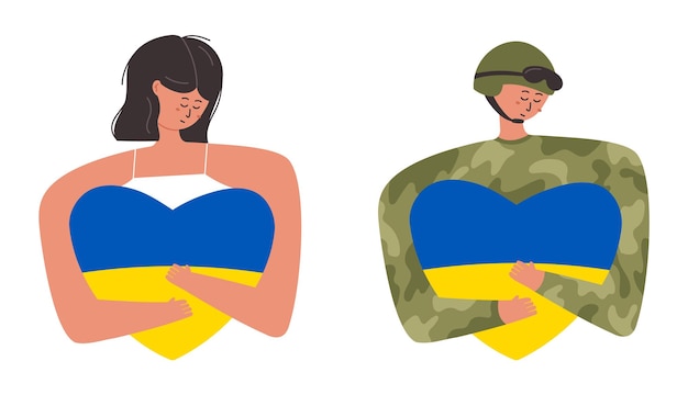 Vector mujer y soldado abrazando el corazón con la ilustración de vector plano de bandera ucraniana hombre del ejército en camuflaje