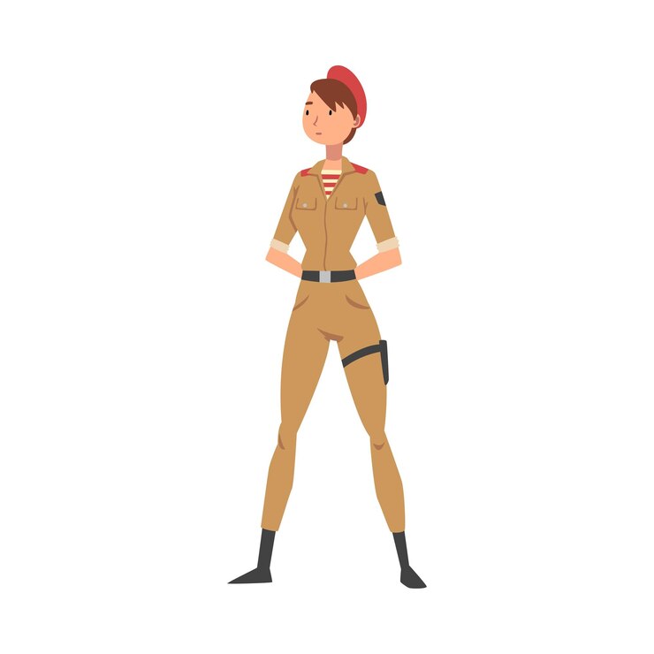 Vector mujer soldado o oficial joven en uniforme de combate de caqui y boina roja ilustración vectorial de personaje militar femenino profesional