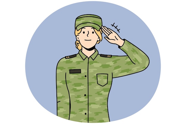 Mujer soldado en uniforme saludando