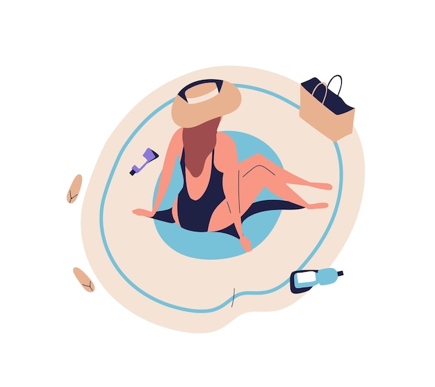Mujer soltera de dibujos animados tomando el sol, sentada en una manta de playa en bikini, traje de baño. Chica bronceadora de vuelta. Descanso marino, relajante, escalofriante. Vacaciones de verano. Ilustración de vector plano aislado sobre fondo blanco.