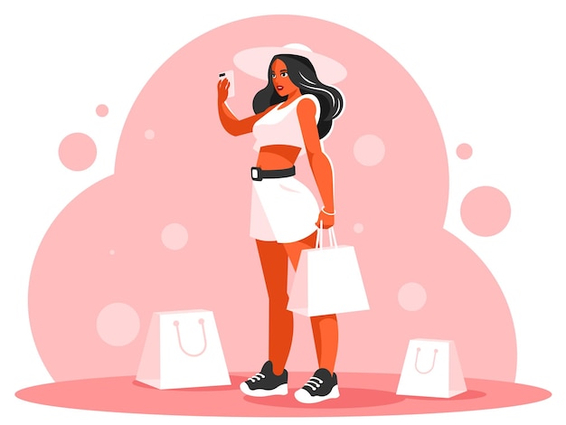 Vector mujer con sombrero con bolsas de compras tomando una selfie gráficos vectoriales