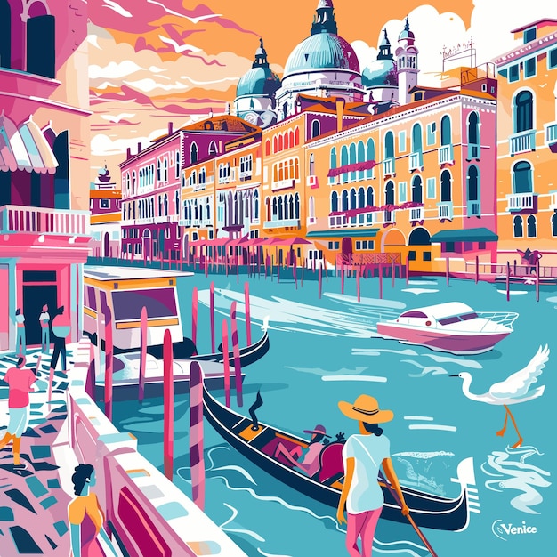 Una mujer con un sombrero está caminando por un muelle en Venecia