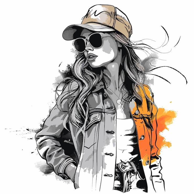 Vector una mujer con un sombrero y gafas de sol está de pie frente a un dibujo de una mujer