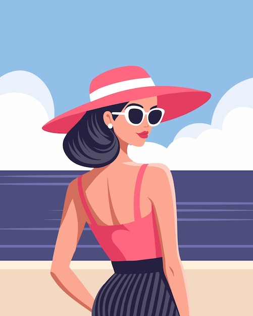 Mujer con sombrero y gafas de sol en la playa Concepto de vacaciones de verano Ilustración de viajes
