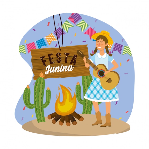 Mujer con sombrero con guitarra y fiesta