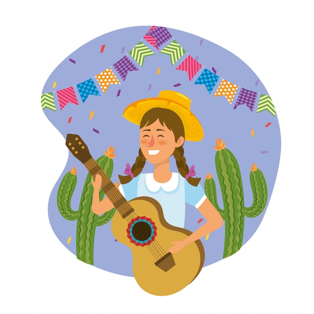 Vector mujer con sombrero con guitarra y plantas de cactus