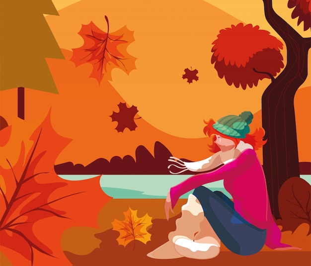 Vector mujer con sombrero en otoño paisaje