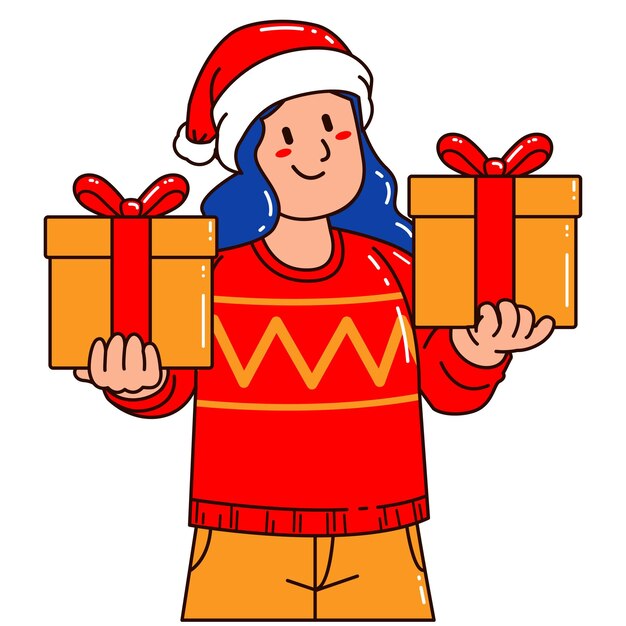 Mujer con un sombrero de Papá Noel sosteniendo una caja de regalos