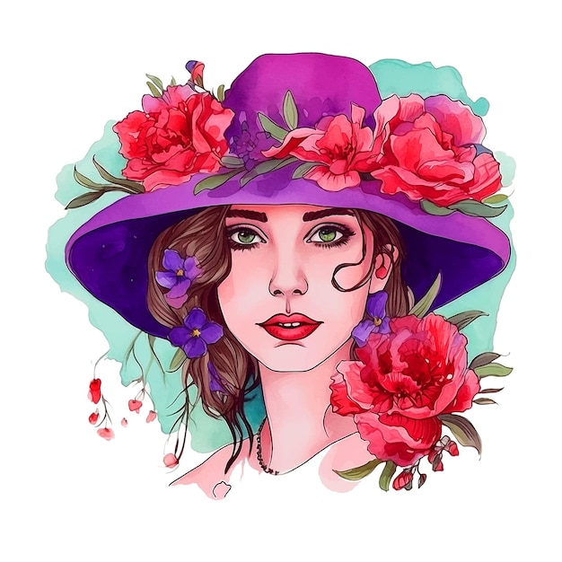 Mujer con sombrero con pintura de acuarela de flores.