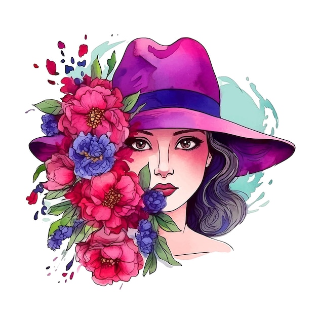 Mujer con sombrero con pintura de acuarela de flores.