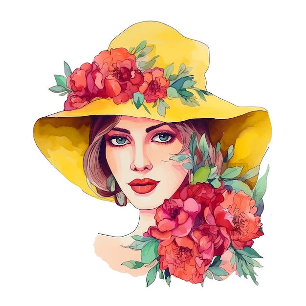 Mujer con sombrero con pintura de acuarela de flores.